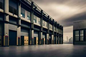 a large warehouse with several doors and windows. AI-Generated photo