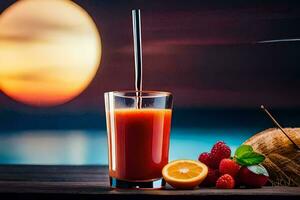 a glass of juice with a straw and fruit on a table. AI-Generated photo
