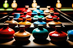 colorful vases on a table with candles in the background. AI-Generated photo