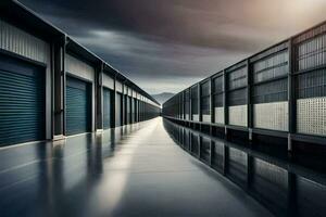 a long row of storage units with dark clouds in the background. AI-Generated photo