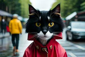 a black cat wearing a red coat and yellow eyes. AI-Generated photo