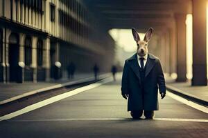 a rabbit in a suit and tie standing on a street. AI-Generated photo