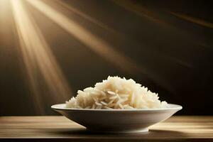a bowl of rice on a table with sunlight shining through. AI-Generated photo