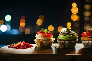 three cupcakes are sitting on a table with a cityscape in the background. AI-Generated photo