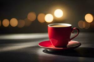 a red cup of coffee on a table with bokeh lights. AI-Generated photo