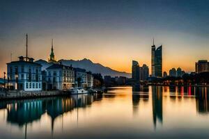 el ciudad horizonte es reflejado en el agua a puesta de sol. generado por ai foto