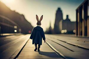 a person wearing bunny ears walking on a train track. AI-Generated photo