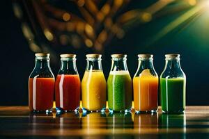 un fila de botellas de diferente de colores jugos generado por ai foto