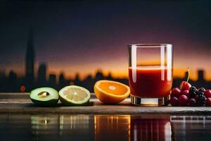 juice in a glass with fruits and vegetables on a wooden table. AI-Generated photo