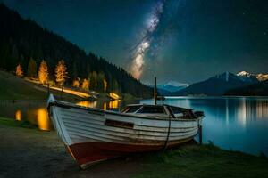 un barco se sienta en el apuntalar de un lago debajo el estrellas. generado por ai foto