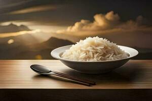 un cuenco de arroz con un cuchara en un mesa. generado por ai foto