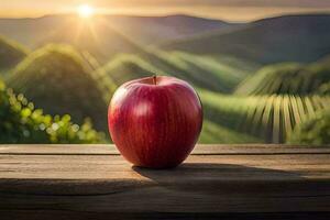 an apple sits on a wooden table in front of a vineyard. AI-Generated photo