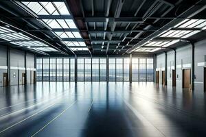 an empty warehouse with large windows and a large open space. AI-Generated photo