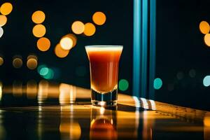 a glass of orange juice sitting on a bar. AI-Generated photo