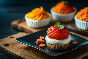 cupcakes with strawberries and carrots on a black plate. AI-Generated photo