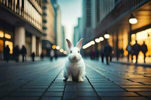 a white rabbit is standing on a street in a city. AI-Generated photo