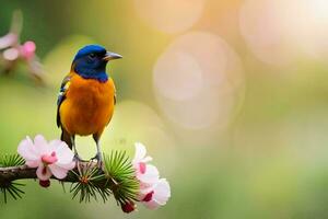 a blue and orange bird is perched on a branch. AI-Generated photo