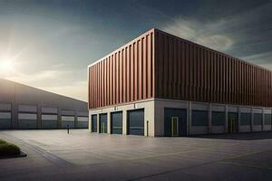 a large warehouse building with a red roof. AI-Generated photo