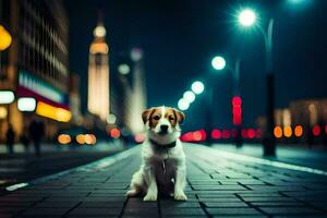 a dog sitting on the street at night. AI-Generated photo