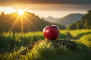 a red apple on a field. AI-Generated photo