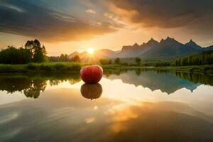 an apple is sitting on the water with mountains in the background. AI-Generated photo