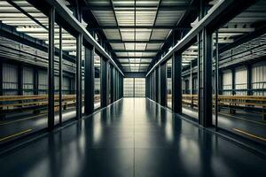 an empty warehouse with a long hallway. AI-Generated photo