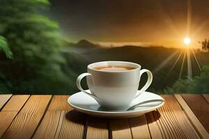 a cup of tea on a wooden table with a view of the mountains. AI-Generated photo