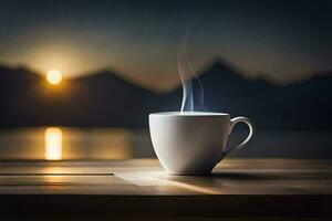 coffee cup on wooden table with sun setting in the background. AI-Generated photo