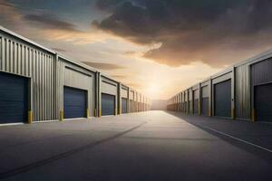 a row of storage units with a sun setting behind them. AI-Generated photo