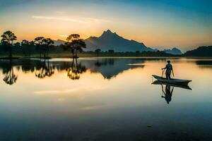 a man in a boat on a lake at sunset. AI-Generated photo