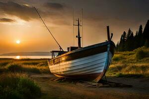 a boat sits on the shore at sunset. AI-Generated photo