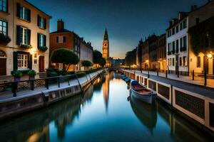 un canal en el medio de un ciudad a noche. generado por ai foto