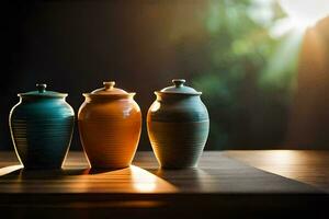 three colorful ceramic jars on a wooden table. AI-Generated photo