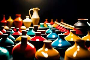 a collection of colorful vases on a table. AI-Generated photo