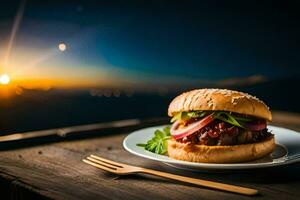 un hamburguesa en un plato con un puesta de sol en el antecedentes. generado por ai foto