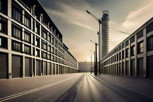 a long exposure photo of a street with buildings. AI-Generated