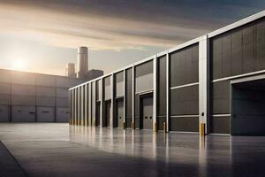 a large warehouse with doors open and a sun setting. AI-Generated photo