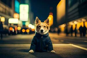 a dog wearing a jacket sits on the street at night. AI-Generated photo