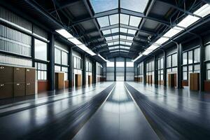 an empty warehouse with a large skylight. AI-Generated photo