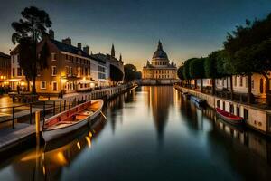 a canal in the evening with boats and buildings. AI-Generated photo