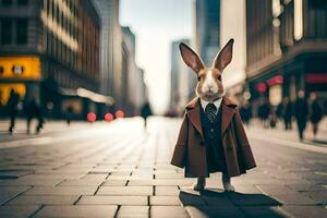 a rabbit dressed in a suit and tie standing on a city street. AI-Generated photo