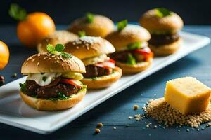 mini hamburguesas en un plato con naranjas y queso. generado por ai foto