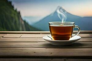 un taza de té en un de madera mesa con montañas en el antecedentes. generado por ai foto