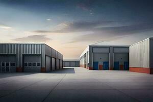 a large industrial building with two garage doors. AI-Generated photo