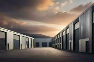 a large warehouse with two doors and a sky. AI-Generated photo