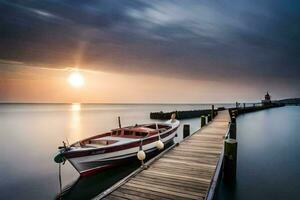a boat docked at the end of a pier at sunset. AI-Generated photo