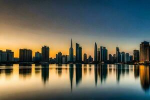 el horizonte de dubai a puesta de sol. generado por ai foto