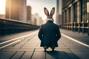 a rabbit in a suit sitting on the street. AI-Generated photo