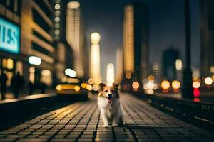 a dog standing on a street at night. AI-Generated photo