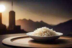 a bowl of rice on a wooden table in front of a cityscape. AI-Generated photo